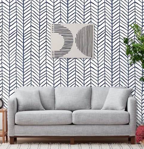 ConCus-T Geometric Wallpaper Blue White Herringbone Stripes Waterproof Self Adhesive Vinyl Wall Paper for Living Room Bedroom Bathroom Kitchen 44.5 × 300cm