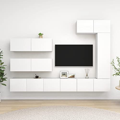 Chusui 7-TLG. TV-Schrank-Set, Tv-möbel & Phonomöbel, Wohnwand Wohnzimmer, Wandschrank, Zimmer Möbel, Weiß Spanplatte