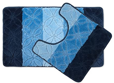 Emma Barclay Halo – Ensemble de 2 Tapis de Bain à Rayures Ton sur Ton (Tapis 45 x 75 cm/Contour WC 45 x 45 cm) (Bleu)