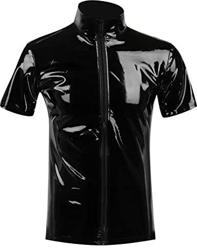 Caxndycing Herren Lack-Optik Jacke Kurze Mantel Wetlook Oberteile Männer Kunstleder Hemd T-Shirt Slim Fit Latex Glänzend Tops Party Outwear Lack Leder Top Hemd Party Club Kostüm