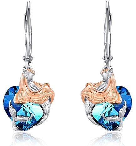 Meerjungfrauen Schmuck: 925 Sterling Silber Herz Kristall Ohrhänger Hängend Ohrringe - Geschenk für Mädchen, Mama, Ehefrau, Freundin, Damen
