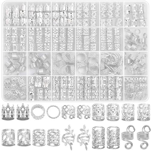 Lucomb Silberfarbener Haarschmuck für Zöpfe, Loc Schmuck für Haare, Dreadlock, Haaranhänger für Frauen, Metallgeflecht-Ringe, Manschetten-Clips für Dreadlock-Zubehör, Zöpfe, Accessoires, Dekorationen