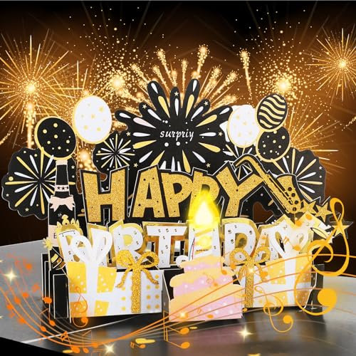 Große 3D Pop-Up Geburtstagskarte mit Musik und Licht - Glückwunschkarte zum Geburtstag mit pustbaren Licht-Kerzen - Happy Birthday Grußkarte für Frau Männer Mütter Väter Kinder - Schwarz-Gold