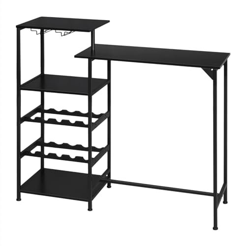 WOLTU Bartisch Stehtisch Küchentisch Bistrotisch, mit 4 Ablagen 2 Glashaltern, industrieller Tisch, Hochtisch aus Metall Holzwerkstoff, Schwarz