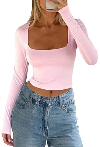 Women's Slim Fit Crop Tops Casual Solid Color Crew Neck Long Sleeve Tight T-Shirt Basic Blouse Tee Tops (XX-Sqaure Neck Pink, S)