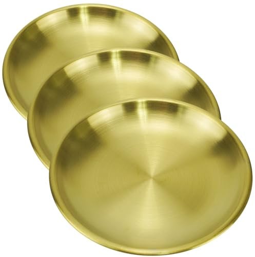 Gold Decorative Metal Storage Organizer - Round Coffee Table Tray - Serving Tray for Jewelry, Perfume, Makeup, Candle, Toiletry, Kitchen (3, 14cm)