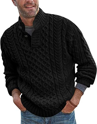 Runcati Mens Knit Jumper Pullover Chunky Button Neck Casual Knitted Cable Knitwear, Black, L