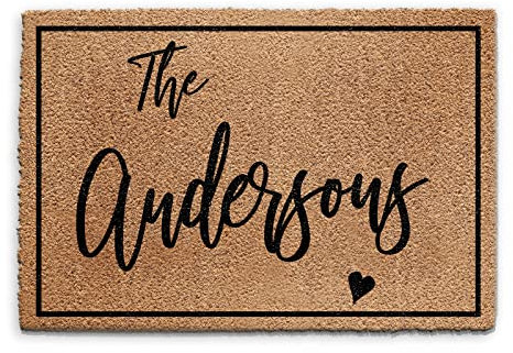 Personalised Doormat (60cm x 90cm) Small, Customise with Name, Initial, Text, Coconut Core Fibre Heavy Duty Mat, Rug, Family Name Black Heart Indoor Natural Coir Regular Door Mat