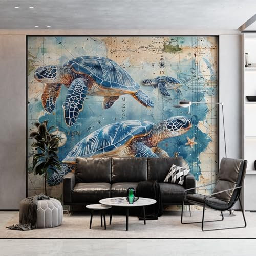 Modern 3D Wall Mural Ocean Theme Animal Turtle Print Photo Wallpaper, Blue Non-Woven Mural Decoration Poster for Living Room & Kids Bedroom 200 x 140 cm (WxH)