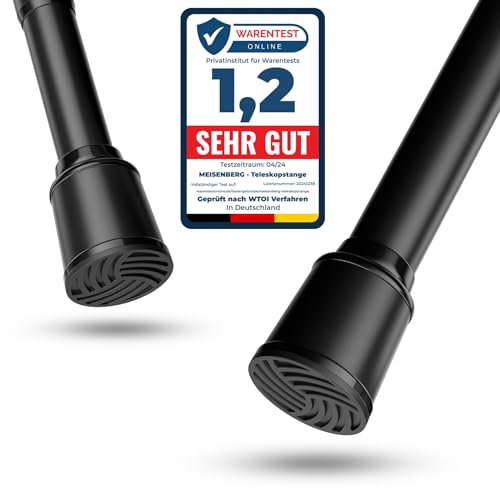 MEISENBERG Vorhangstange ohne Bohren 270-320cm, Schwarz, Ø 32 mm, Teleskopstange zum Klemmen für Fenster, Dusche, Terrasse und Trennwand