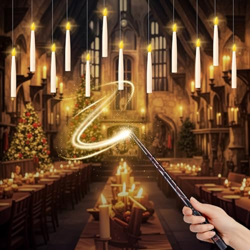 12PCS Floating Candles with Magic Wand Remote, Flickering Electirc Hanging LED Taper Candles, Battery Operated Hanging Window Candles for Halloween Christmas Party Decorations