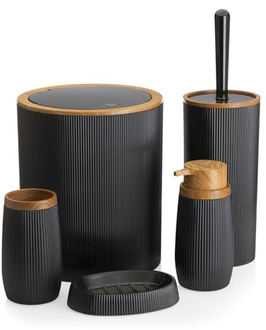 HowHomely Set Klobürste Schwarz Badezimmer Mülleimer Seifenspender Seifenschale schwarz gestreift | Badmülleimer und Toilet Brush und Zahnputzbecher Seifenablage | Elegante Bathroom Accessories