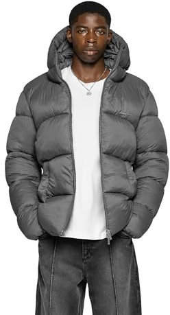 Burocs Glossy Puffer Jacket - Dark Grey - Jacke Herren - 2-Wege Reißverschluss - Metall Logo - Innentasche mit Reißverschluss - Kordelzug - 100% Nylon Obermaterial, Größe:S, Farbe:Dark Grey