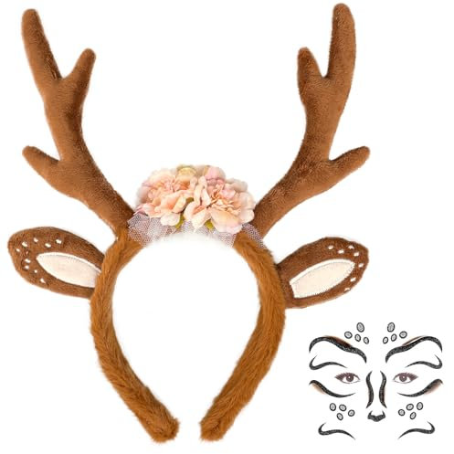 iZoeL Halloween Kostüm Damen Mädchen, Haarreif Reh Geweih Hörner mit Blumen + Reh Gesichtstattoo, Damen Kinder Reh kostüm Kopfschmuck Haarreifen Fasching Mottoparty Karneval