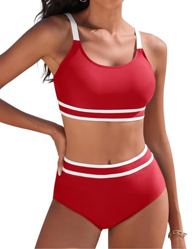 Tuopuda Bikini Mujer Push Up Deportivo Cintura Alta Traje de Baño Dos Piezas Conjunto de Bikini Biquini Vikini con Relleno Bikini Top con Brasileño Braga Alta Natacion Playa Piscina, Rojo Vino, M