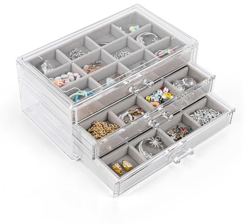 Euakee 3 Porta Gioielli da Cassetto, Cassetti Scatola Portagioie, Organizer Gioielli Espositore Anelli in Velluto Grigio, Trasparenti Acrilico Scatola, Organizzatore Collane, Braccialetti Orecchini
