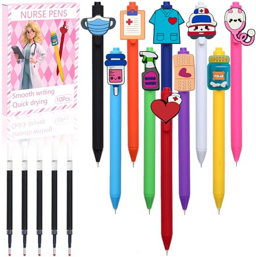 Pack of 10 Nurse Pens, Retractable Novelty Pens for Essential Nurse Accessories for Work, Ideal for Nursing Student Stationary Set, Nurse Week Gifts, NHS Paramedic Accessories with 5 Refills Black Ink