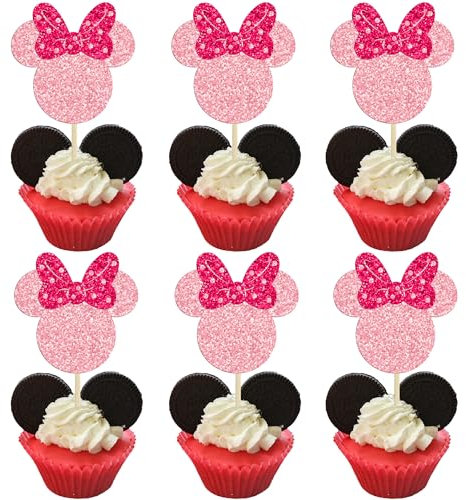 Ephlyn 24Pcs Glitter Mouse Birthday Cupcake Toppers with Pink Bow Mouse Cupcake Picks Decorations for Baby Shower Wedding Kids Birthday Party Cake Decorations Pink