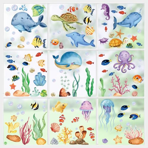 Yunkctuk Fensterbilder Frühling 9 Blätter, Fensterfolie Selbstklebend Sommer mit Welt des Meeres, Fensterdeko Wiederverwendbare mit Walen Seetang, Fenstersticker für Kinderzimmer Badezimmer