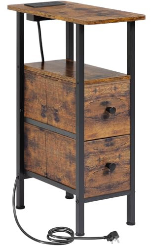 AMHANCIBLE Slim Bedside Table with Charging Station, Narrow Side Table with 2 Fabric Drawers, Small End Table with Open Storage Shelf, Nightstand for Small Spaces, Living Room, Brown HETNDP02PBR-1