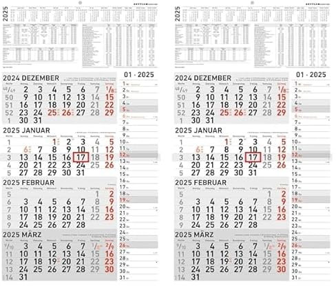 Zettler - 4-Monatskalender Kombi 2025, 33x45cm, Bürokalender mit Jahresübersicht, Datumsschieber, faltbar, 4 Monate auf einen Blick, Feiertage/Ferientermine DE/AT/CH und deutsches Kalendarium