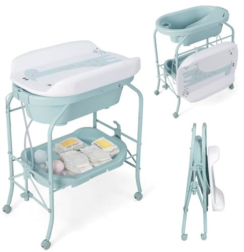 DREAMADE Baignoire Bebe avec Support Pliable,Baignoire Bébé sur Pied avec Table à Langer,4 Roues Universelles Verrouillables,Charge 15 KG (Bleu)