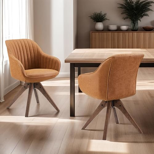 Zouron Lot de 2 Chaise de Salle à Manger avec Pieds en Bois, Chaise pivotante (Simili Cuir), Chaise de Cuisine, Chaise de Salon avec accoudoirs, Chaise de Bureau à Domicile, Marron