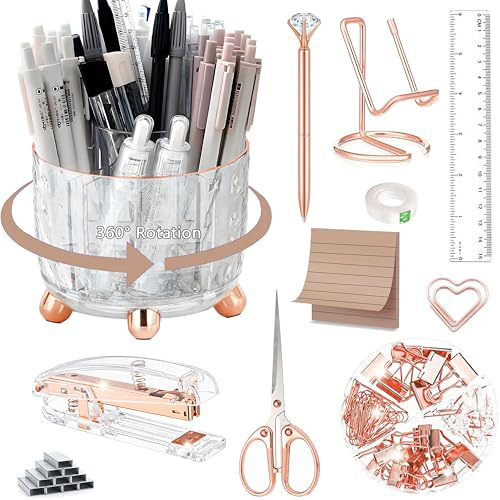 Rose gold computer accessories, 360° computer organizers, acrylic pen holder, phone stand, pen, scissors, folder clips, ruler, glue