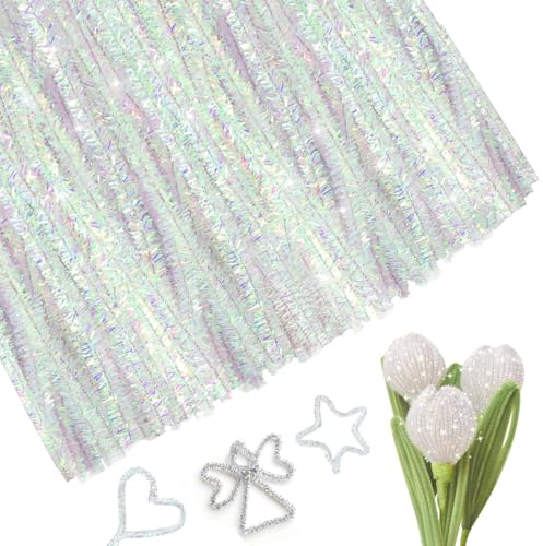 Honosen 200 Pcs Pfeifenputzer Zum Basteln Glitzer, Pfeifenreiniger Glitzer | Pfeifenreiniger Zum Basteln, Chenilledraht, Pfeifenputzer für Weihnachten und Dekorieren, 30cm × 6mm, Weiß