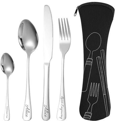 JOUWUI Personalised Cutlery Set, 4-Piece Stainless Steel Flatware with Case, Custom Engraved Fork, Knife, Spoon and Teaspoon (4, Silvery)