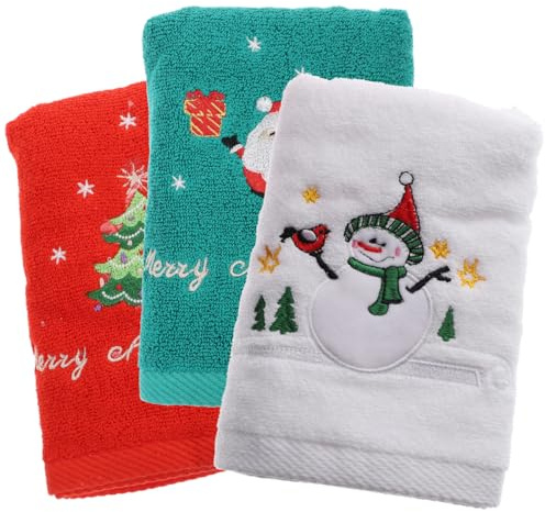Zerodeko 3 Piezas Toallas de Algodón para Navidad Absorbentes y Suaves Toallas de Mano y Lavabo con Bordado Festivo Set para Uso Diario y
