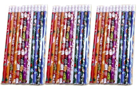 Rainway 36 Pièces Crayons de Noël avec Gommes, 12 Styles Dessin Animé Bonhomme de Neige Bas Père noël Renne Arbre Noëls Assortiment de Crayons en Bois pour noëls Bas Remplissages Fête Cadeau
