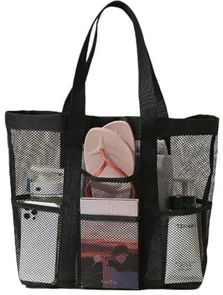 RANYAKE Netz-Strandtasche, faltbar, wasserdicht, sanddicht, große Aufbewahrungstaschen mit 9 Taschen, leichte, atmungsaktive Handtasche, für Männer und Frauen, geeignet für Strand, Schwimmen, Fitness