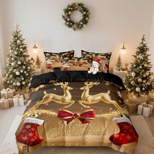 DXHOME Bettwäsche 155x220 Weihnachten Gold Rot Weiche Mikrofaser Teenager für Mädchen Jungen Geschenke für Kinder Bettbezug mit Reißverschluss + 1 Kissenbezug 80x80 cm