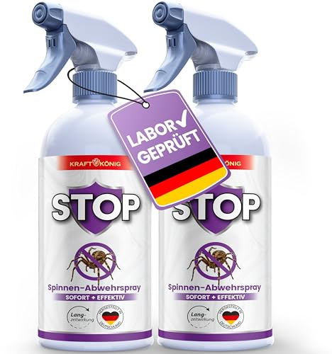 KRAFTKÖNIG Spinnenspray 2x 500ml – Effektiv für Haus Keller Balkon Terrasse | Starkes Spinnenabwehr Spray mit Langzeitwirkung, sofort einsatzbereit, für innen & außen, Anti Spinnen Spray, Made in Germany