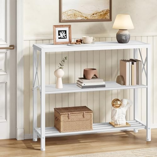 Hoctieon 30 Konsolentischen 3 Ebenen 1 Set, Flurtisch, Metallgestell, Banktisch mit Regal, Flurtisch, Eingangstisch für den Eingangsbereich, Wohnzimmer, Foyer, Diele, Weiß