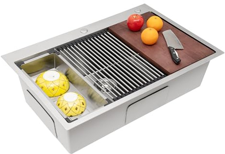Küchenspüle Einbauspüle Spülbecken Multifunktionale Edelstahlspüle mit Schneidebrett, Sieb und Abtropfständer