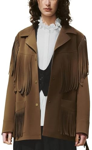 URBAN REVIVO Leisure Women's Jacket Loose Fit with Fringe Details - Spring Casual Outerwear in PU Coated Polyester, X-Small, Khaki Brown