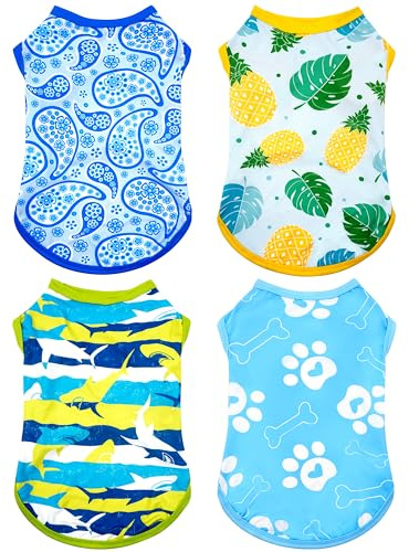 PET SHOW Lot de 4 chemises d'été pour chien de petite taille – Protection UV UPF 50+ – Vêtements rafraîchissants – T-shirts pour animaux de compagnie, fête – Bleu (taille S)