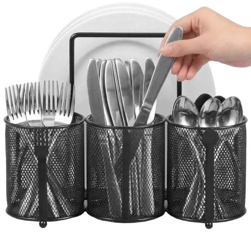 YUEKUNTJ Plate Silverware Caddy, 4 Compartment Metal Cutlery Holder, Plate Organizer Flatware Storage Basket, Cutlery Flatware Dispenser for Party Kitchen Countertop Picnic Camping Outdoor BBQ