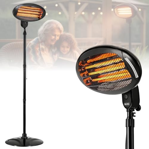 2KW Free-Standing Outdoor Electric Patio Heater – Adjustable Height 1.75–2.1m, 3 Heat Settings (650W/1350W/2000W), Quartz Tube, IP34 Weatherproof, Tip-Over Safety, Black Garden Heater