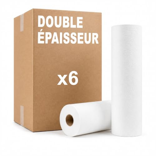 KMINA Papier Table Massage et Drap d'Examen 6 Rouleaux, Jetable 2 Plis | 50 M X 59 cm, Prédécoupe Tous les 66 cm, Pâte Vierge, Laminé et Décoré, Diamètre 13 cm, Remplacement Rapide entre Clients