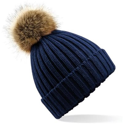 Beechfield Damen Bommel-Mütze Fur Pom Chunky Beanie B412 Navy One Size