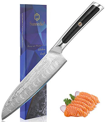 Sunnecko 18cm Santoku Messer Damast Küchenmesser - Damastmesser Scharfes Kochmesser mit Damaststahl Klinge und G10 Griff Messer Küche