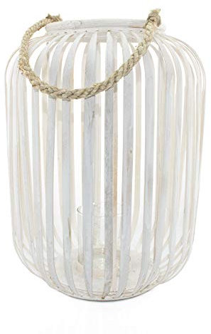 BOURGH Laterne Bambus VILLAPIANA - Natur Holz Windlicht, weiß, 42 cm hoch, mit Henkel, Kerzenhalter Windlicht Glas - Geeignet als Balkon Deko und für Garten, Terrasse und Wohnung