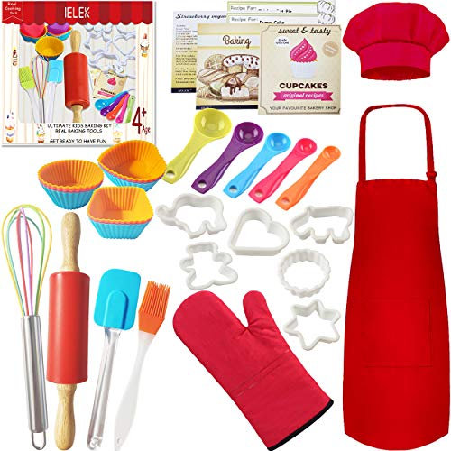 Real Kids - Juego de cocina para hornear junior con delantal para niños, sombrero de chef, suministros de cocina, utensilios de cocina y recetas, gran regalo para niños