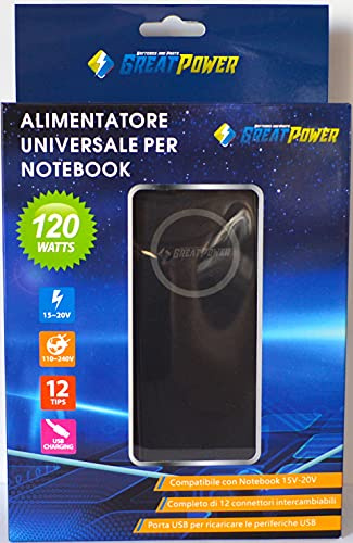Alimentatore Universale per Notebook 120W Autosettante digitale 12 connettori con porta USB 5V 2.1A