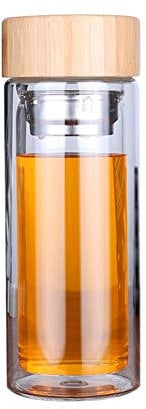 URMAGIC Double Walled Glass Water Bottle With Tea Infuser - 350ml Leakproof Tumbler With Bamboo Lid and Strainer - All Purpose Beverage Bottle