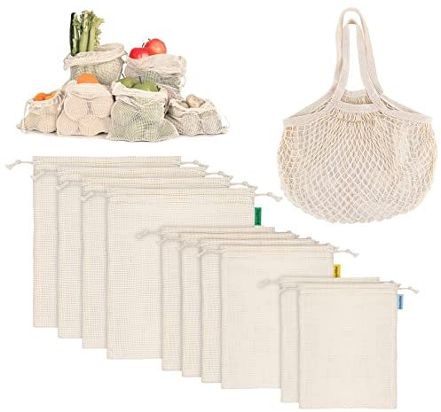 Anstore Obst-und Gemüsebeutel 11er Set,Wiederverwendbare Einkaufstasche Baumwollbeutel Gemüsebeutel,Plastikfrei Einkaufsnetze Obst-Gemüsenetze Brotbeutel Waschbar (2*S,4*M, 4*L+1 Aufbewahrungstasche)