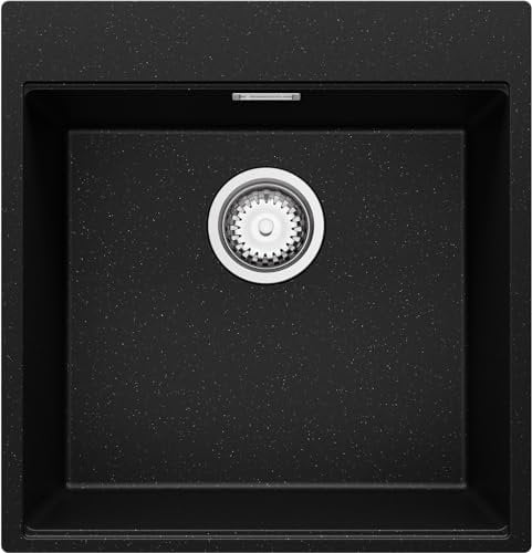 PRIMAGRAN Evier Cuisine en Granit Noir Métallisé 48x50cm, Lavabo 1 bac + Kit de Vidage + Égouttoir Enroulable, Évier à Encastrer au meuble 50cm - Oslo